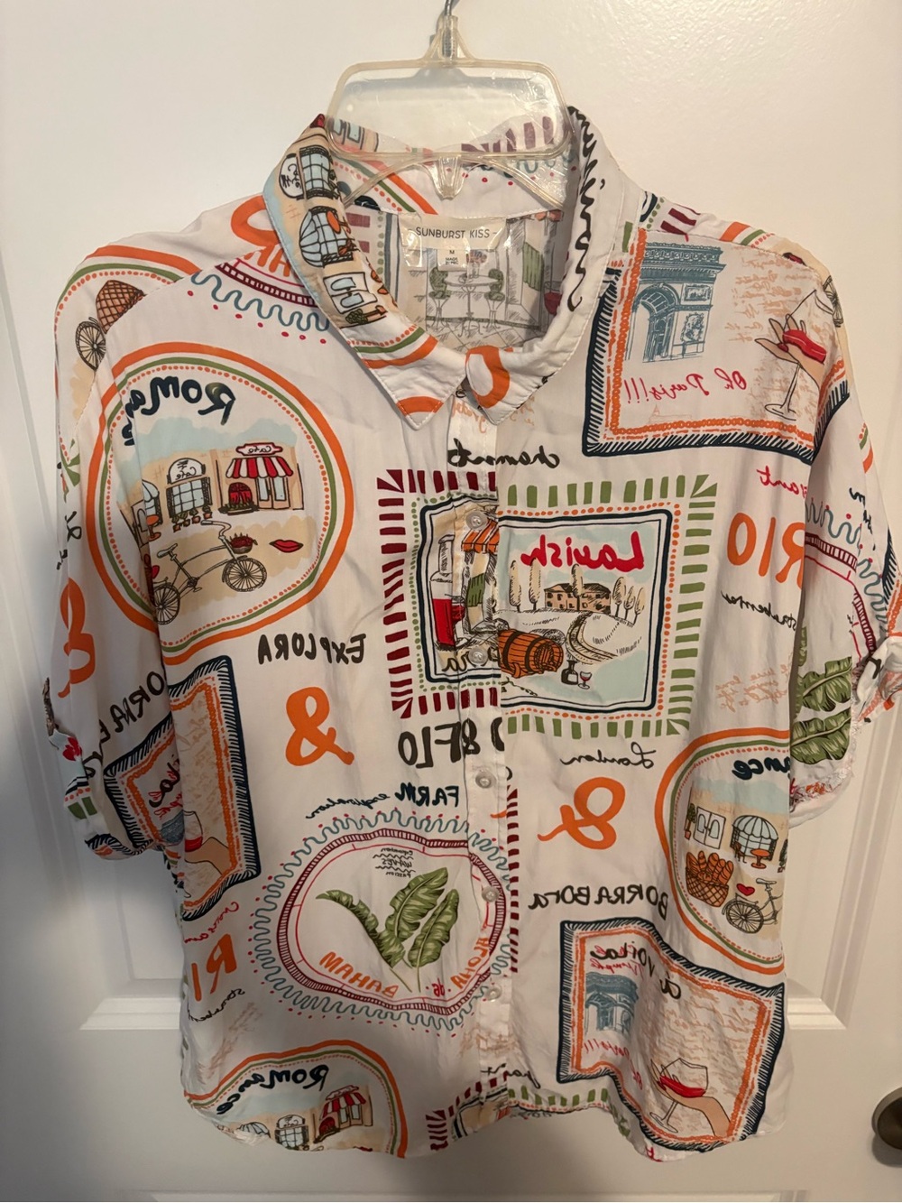 Sunburst Kiss White Button-Up Shirt with Orange & Green Motifs